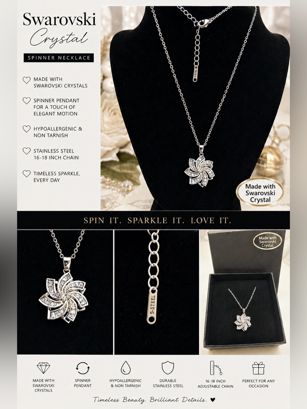 Swarovski Silver Spinner Pendant Necklace with Clear Crystals
